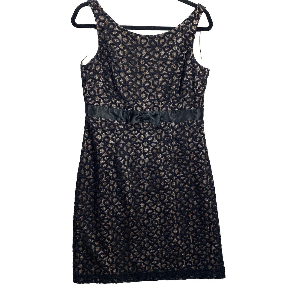 Jessica Howard Lace Sheath Dress Womens 10P Black Tan Bow Waist‎ Cocktail Mini